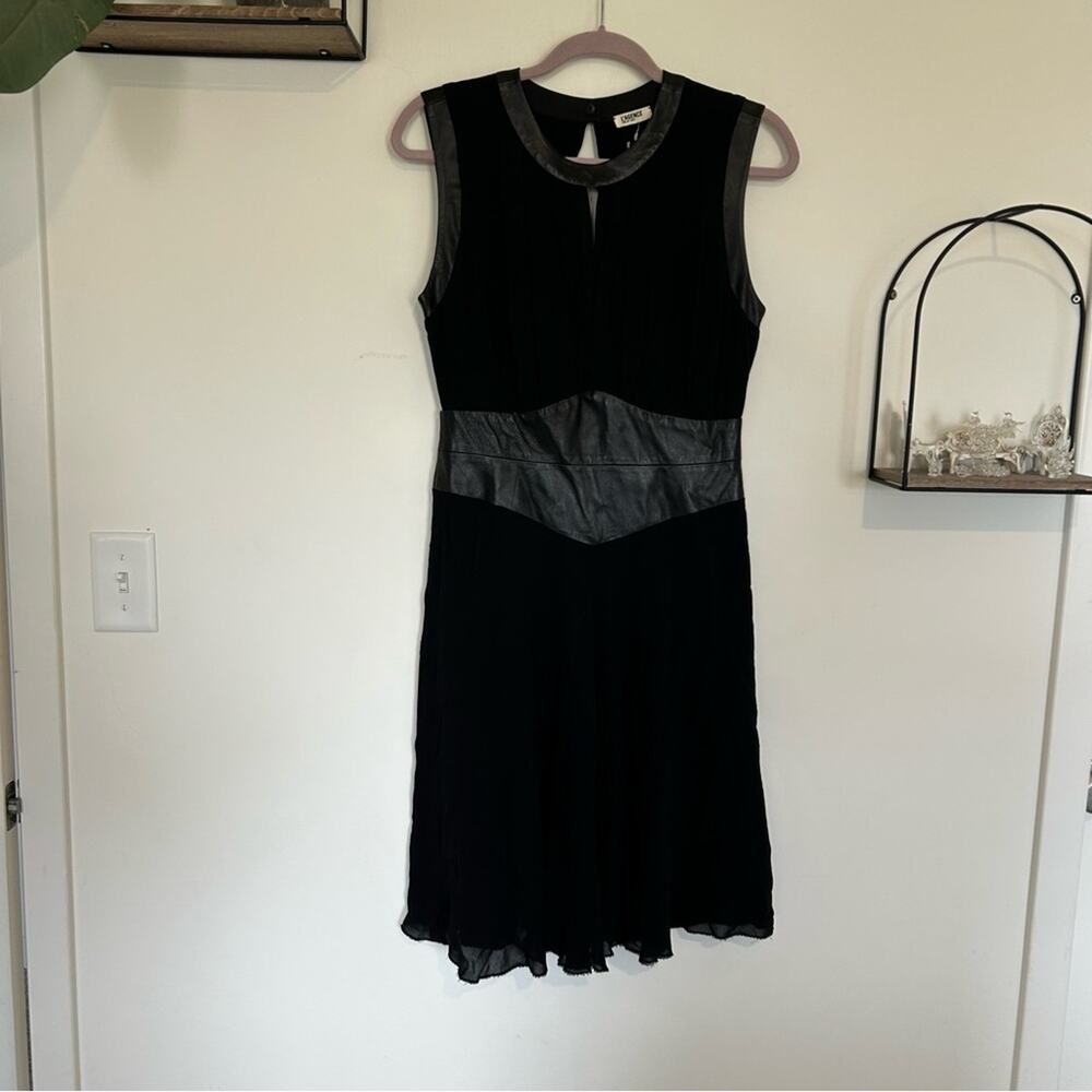 L’Agence‎ Black Pleated Lether Trimmed Knee Length Dress Size 6